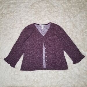 Vintage 90s J. Jill Wool Cardigan Purple Ditzy Floral Crop Sleeve Wmn's Size XS